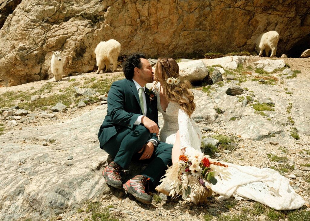 A colorado mountain elopement in Breckinridge with mountain goats. Couple in wedding attire