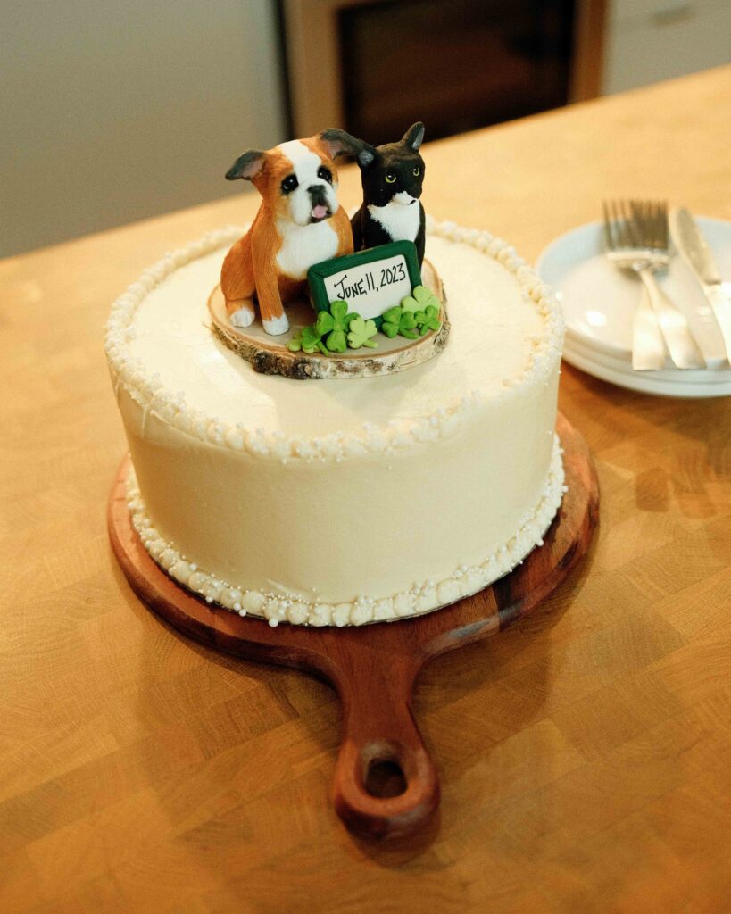 Vegan frosted carrot cat with a cake topper of their cat and dog who has since passed with some shamrocks and the date of their elopement